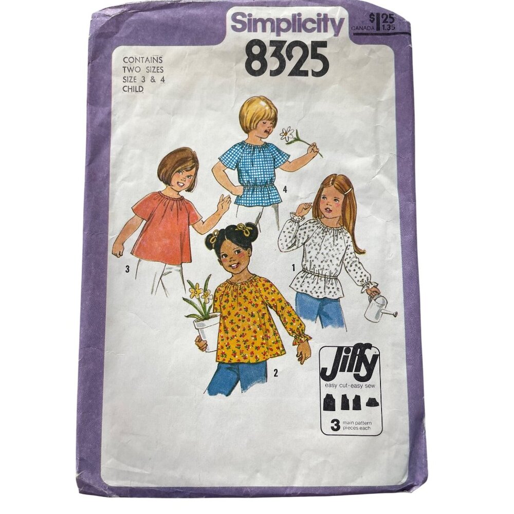 70s Simplicity 8325 Sewing Pattern Size 3 & 4 Child Jiffy Pullover Blouse CUT